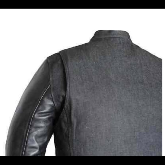 Motorcycle Mens Black Denim Leather Vest Jacket Biker Style Concealed Carry - Picture 4 of 5
